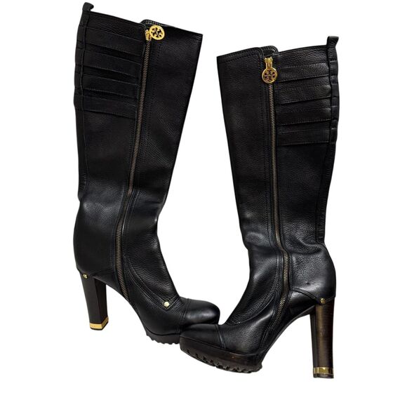 Tory Burch Boots Womens Size 9.5 Black Leather Tall Knee High Gold Buckle 1783 - Picture 4 of 9